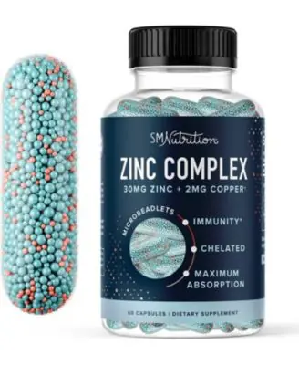 In Demand SMNutritionZinc 30mg Microbeadlets with Copper - Highly Absorbable Bisglycinate & Orotate, 2mg Chelated Copper + B6, Gluten-Free, Acne Support, 60 Ct