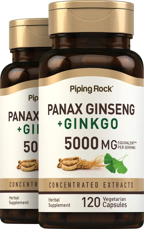 Panax Ginseng + Ginkgo, 5000 mg (per serving), 120 Vegetarian Capsules, 2 Bottles Seasonal Sale