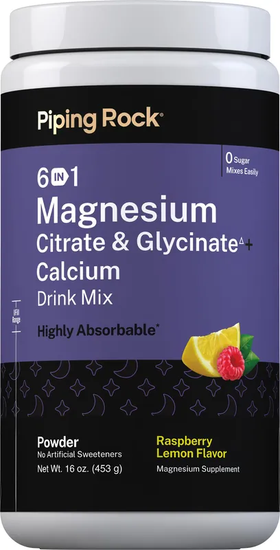 6 in 1 Magnesium Citrate & Glycinate + Calcium Drink Mix (Raspberry Lemon), 16 oz (453 g) Bottle Clearance