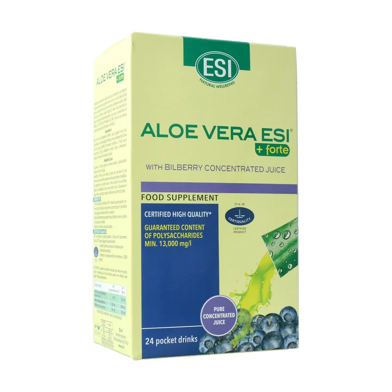 Aloe vera juice + forte mirtilo pocket drink 24 packets ESI Mega Sale