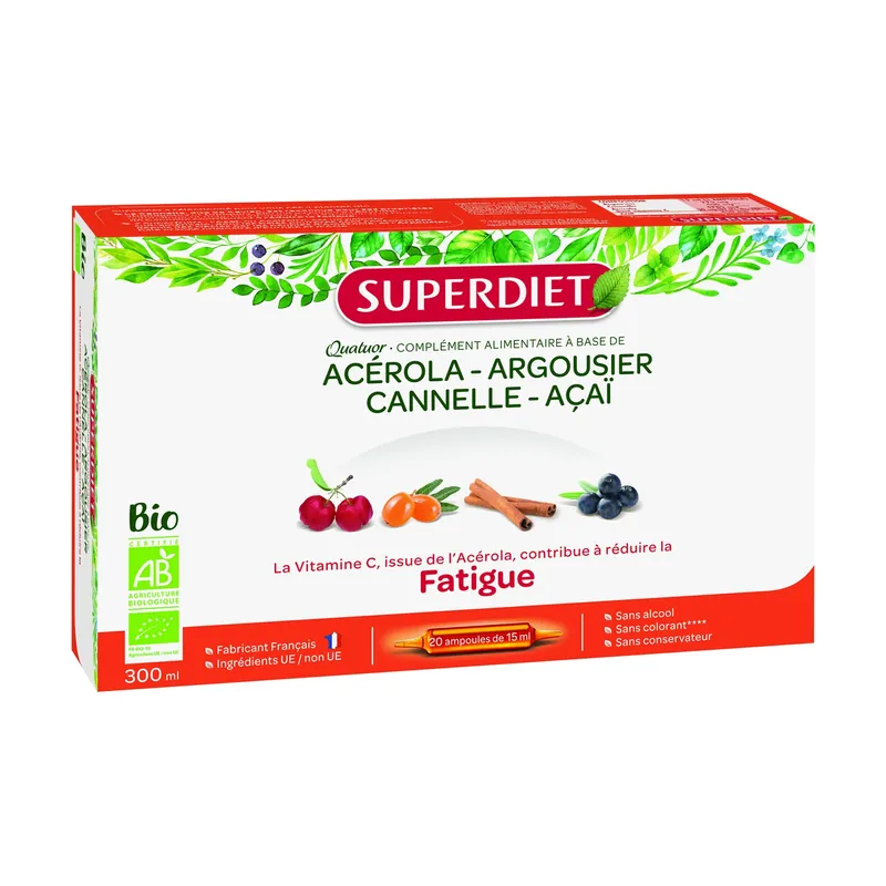 Organic Quartet Sea buckthorn, Acai, Cinnamon, Acerola 20 ampoules Superdiet Fast Shipping