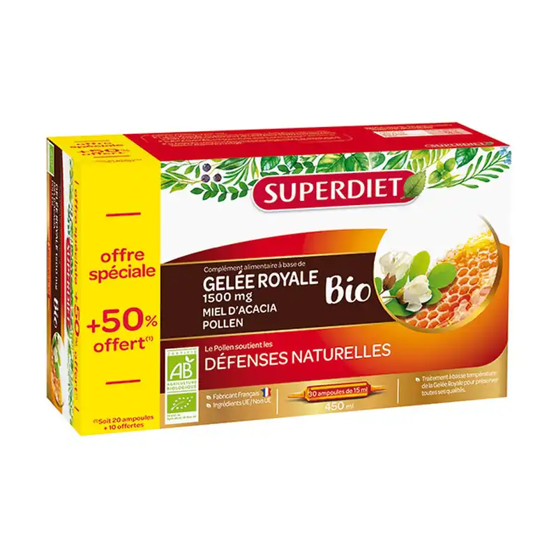 While Supplies Last Royal jelly honey pollen 50% offered 30 ampoules of 15ml Superdiet